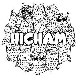 Coloriage prénom HICHAM - décor Chouettes