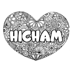 Coloriage prénom HICHAM - décor Mandala coeur