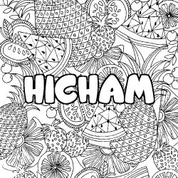Coloriage pr&eacute;nom HICHAM - d&eacute;cor Mandala fruits