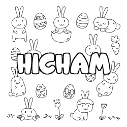 Coloriage prénom HICHAM - décor Paques