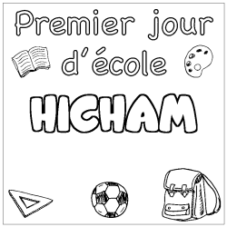 Coloriage prénom HICHAM - décor Premier jour d'école