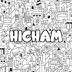 Coloriage prénom HICHAM - décor Ville