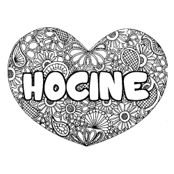 Coloriage pr&eacute;nom HOCINE - d&eacute;cor Mandala coeur