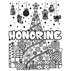 Coloriage pr&eacute;nom HONORINE - d&eacute;cor Sapin et Cadeaux
