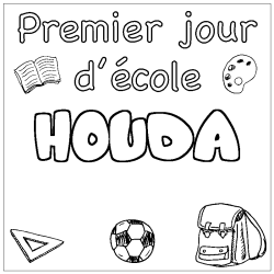 Coloriage prénom HOUDA - décor Premier jour d'école