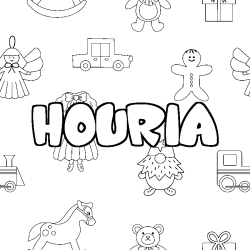 Coloriage prénom HOURIA - décor Jouets
