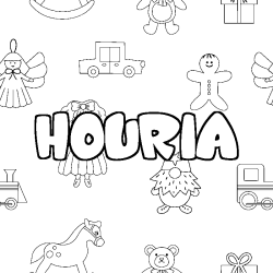 Coloriage pr&eacute;nom HOURIA - d&eacute;cor Jouets