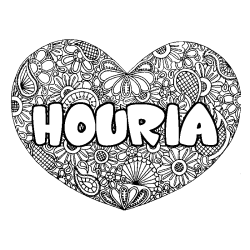 Coloriage prénom HOURIA - décor Mandala coeur