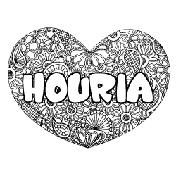 Coloriage pr&eacute;nom HOURIA - d&eacute;cor Mandala coeur