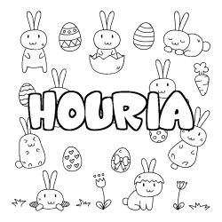 Coloriage pr&eacute;nom HOURIA - d&eacute;cor Paques
