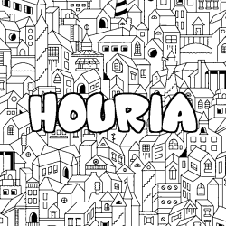 Coloriage pr&eacute;nom HOURIA - d&eacute;cor Ville