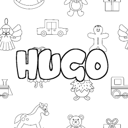 Coloriage pr&eacute;nom HUGO - d&eacute;cor Jouets