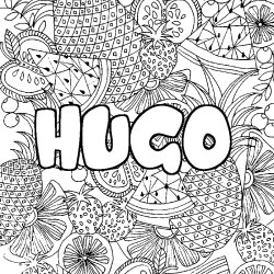 Coloriage prénom HUGO - décor Mandala fruits