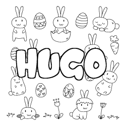 Coloriage prénom HUGO - décor Paques