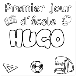 Coloriage prénom HUGO - décor Premier jour d'école