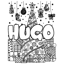 Coloriage prénom HUGO - décor Sapin et Cadeaux