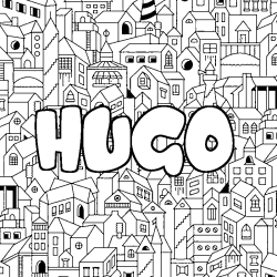 Coloriage prénom HUGO - décor Ville