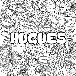 Coloriage pr&eacute;nom HUGUES - d&eacute;cor Mandala fruits