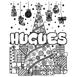 Coloriage pr&eacute;nom HUGUES - d&eacute;cor Sapin et Cadeaux
