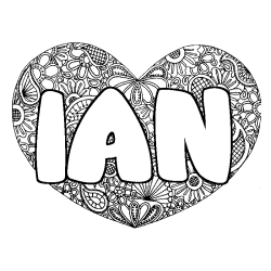 Coloriage pr&eacute;nom IAN - d&eacute;cor Mandala coeur