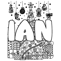 Coloriage prénom IAN - décor Sapin et Cadeaux