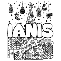 Coloriage prénom IANIS - décor Sapin et Cadeaux