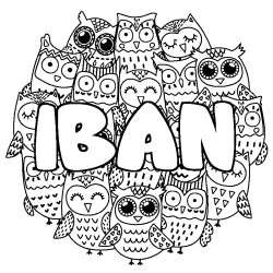 Coloriage prénom IBAN - décor Chouettes