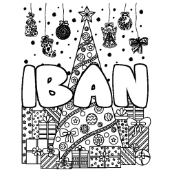 Coloriage prénom IBAN - décor Sapin et Cadeaux