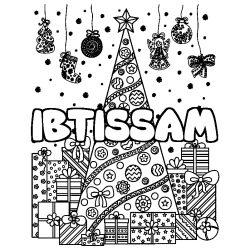 Coloriage pr&eacute;nom IBTISSAM - d&eacute;cor Sapin et Cadeaux