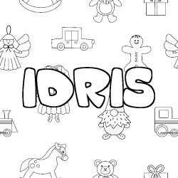 Coloriage pr&eacute;nom IDRIS - d&eacute;cor Jouets