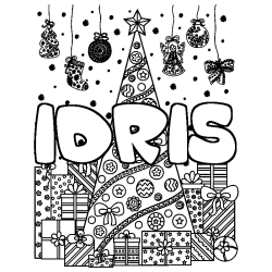 Coloriage pr&eacute;nom IDRIS - d&eacute;cor Sapin et Cadeaux