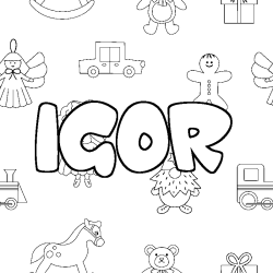 Coloriage pr&eacute;nom IGOR - d&eacute;cor Jouets
