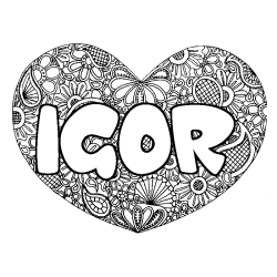 Coloriage pr&eacute;nom IGOR - d&eacute;cor Mandala coeur