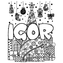 Coloriage prénom IGOR - décor Sapin et Cadeaux