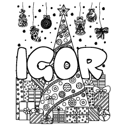 Coloriage pr&eacute;nom IGOR - d&eacute;cor Sapin et Cadeaux