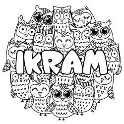 Coloriage pr&eacute;nom IKRAM - d&eacute;cor Chouettes