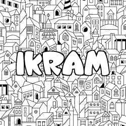 Coloriage pr&eacute;nom IKRAM - d&eacute;cor Ville