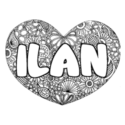 Coloriage pr&eacute;nom ILAN - d&eacute;cor Mandala coeur