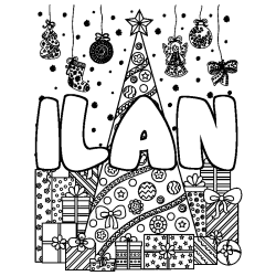 Coloriage prénom ILAN - décor Sapin et Cadeaux