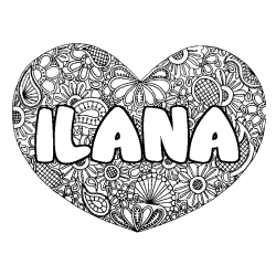 Coloriage pr&eacute;nom ILANA - d&eacute;cor Mandala coeur