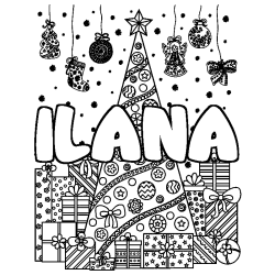Coloriage prénom ILANA - décor Sapin et Cadeaux