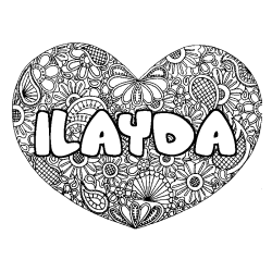 Coloriage pr&eacute;nom ILAYDA - d&eacute;cor Mandala coeur