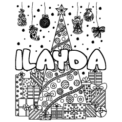 Coloriage prénom ILAYDA - décor Sapin et Cadeaux