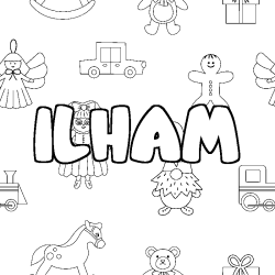 Coloriage prénom ILHAM - décor Jouets
