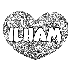 Coloriage pr&eacute;nom ILHAM - d&eacute;cor Mandala coeur