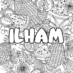 Coloriage prénom ILHAM - décor Mandala fruits