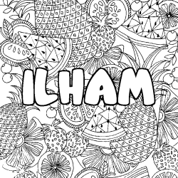 Coloriage pr&eacute;nom ILHAM - d&eacute;cor Mandala fruits