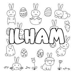 Coloriage pr&eacute;nom ILHAM - d&eacute;cor Paques