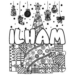 Coloriage prénom ILHAM - décor Sapin et Cadeaux