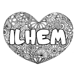 Coloriage prénom ILHEM - décor Mandala coeur